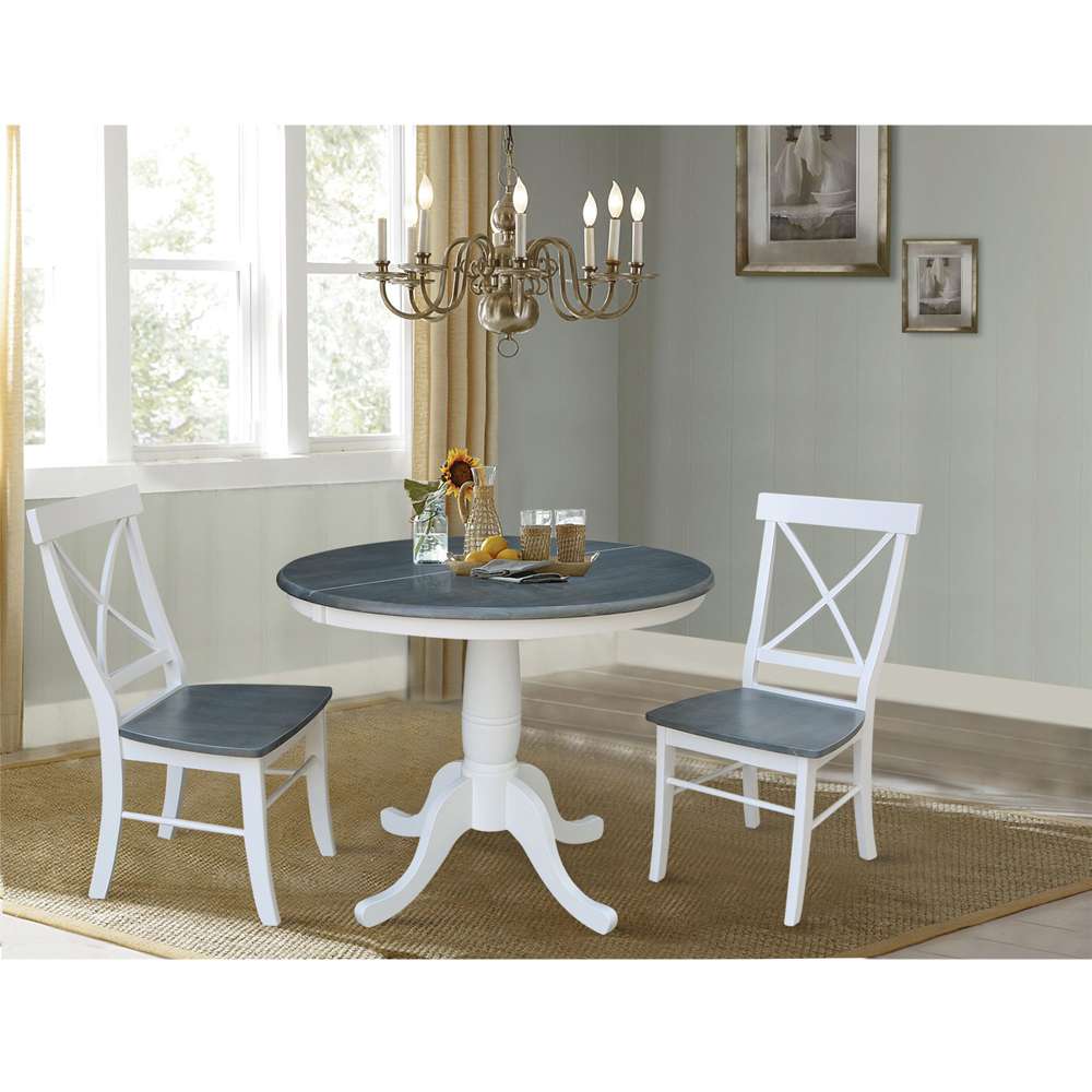 International Concepts (Set of 3 Pcs) - 36in Round Extension Dining Table with 2 RTA Chairs in White/Heather Gray Finish - K05-36RXT-C613-2 veiw 3