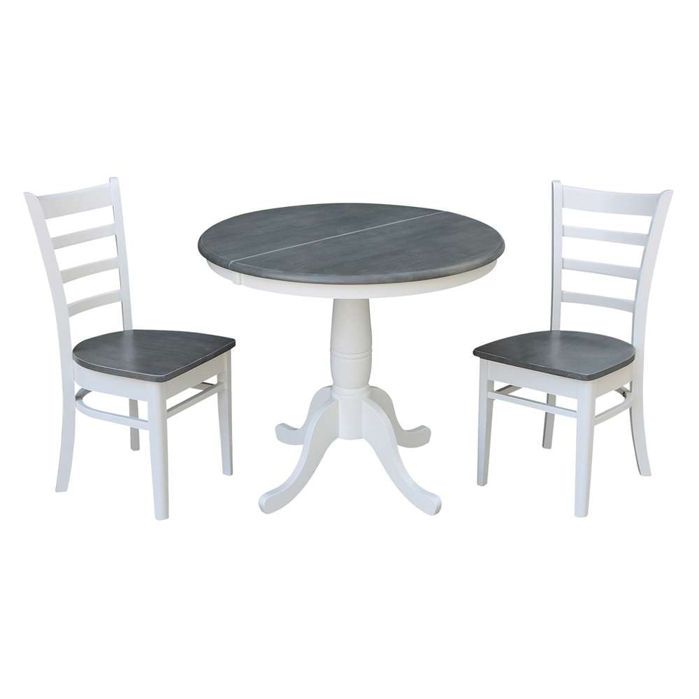International Concepts (Set of 3 Pcs) - 36in Round Extension Dining Table with 2 RTA Chairs in White/Heather Gray Finish - K05-36RXT-C617-2 veiw 1