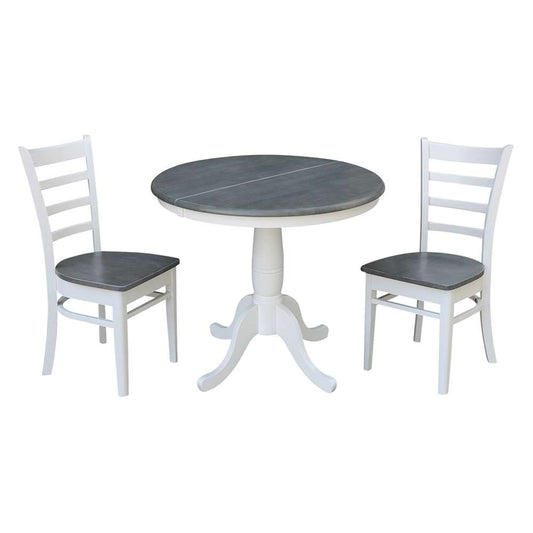 International Concepts (Set of 3 Pcs) - 36in Round Extension Dining Table with 2 RTA Chairs in White/Heather Gray Finish - K05-36RXT-C617-2 veiw 1