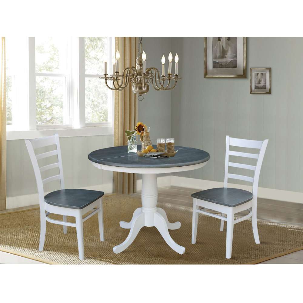 International Concepts (Set of 3 Pcs) - 36in Round Extension Dining Table with 2 RTA Chairs in White/Heather Gray Finish - K05-36RXT-C617-2 veiw 3