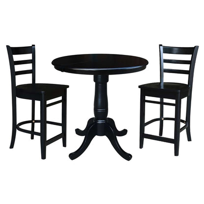 International Concepts (Set of 3 Pcs) - 36in Round Extension Dining Table with 2 Counter Height Stools in Black Finish - K46-36RXT-S6172-2 veiw 1