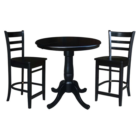 International Concepts (Set of 3 Pcs) - 36in Round Extension Dining Table with 2 Counter Height Stools in Black Finish - K46-36RXT-S6172-2 veiw 1