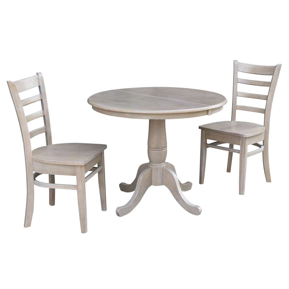 International Concepts (Set of 3 Pcs) - 36in Round Extension Dining Table with 2 Emily Chairs in Washed Gray Taupe Finish - K09-36RXT-C617-2 veiw 1