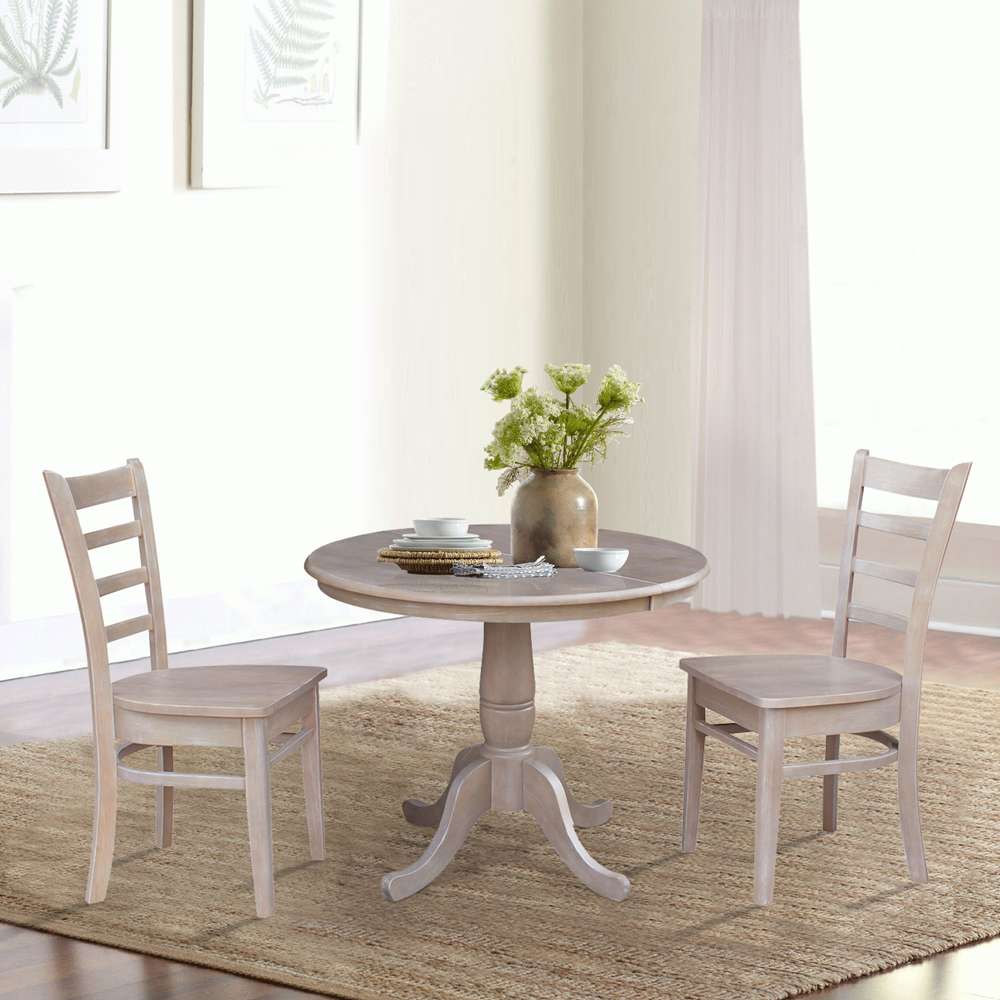 International Concepts (Set of 3 Pcs) - 36in Round Extension Dining Table with 2 Emily Chairs in Washed Gray Taupe Finish - K09-36RXT-C617-2 veiw 2