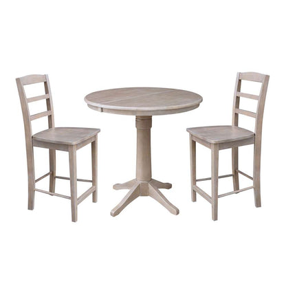 International Concepts (Set of 3 Pcs) - 36in Round Extension Dining Table with 2 Madrid Counter Height Stools in Washed Gray Taupe Finish - K09-36RXT-27B-S402-2 veiw 1
