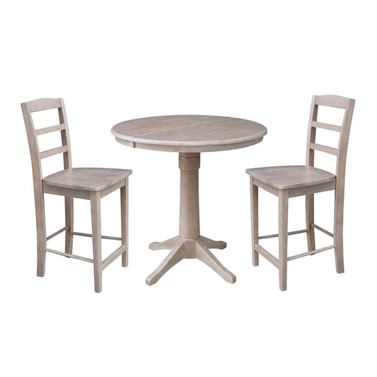 International Concepts (Set of 3 Pcs) - 36in Round Extension Dining Table with 2 Madrid Counter Height Stools in Washed Gray Taupe Finish - K09-36RXT-27B-S402-2 veiw 1