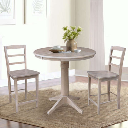 International Concepts (Set of 3 Pcs) - 36in Round Extension Dining Table with 2 Madrid Counter Height Stools in Washed Gray Taupe Finish - K09-36RXT-27B-S402-2 veiw 2