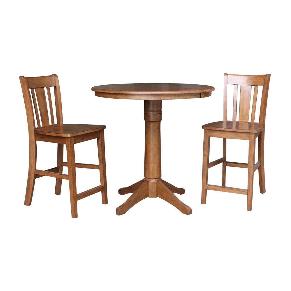 International Concepts (Set of 3 Pcs) - 36in Round Extension Dining Table with 2 San Remo Counter Height Stools in Distressed Oak Finish - K42-36RXT-27B-S102-2 veiw 1