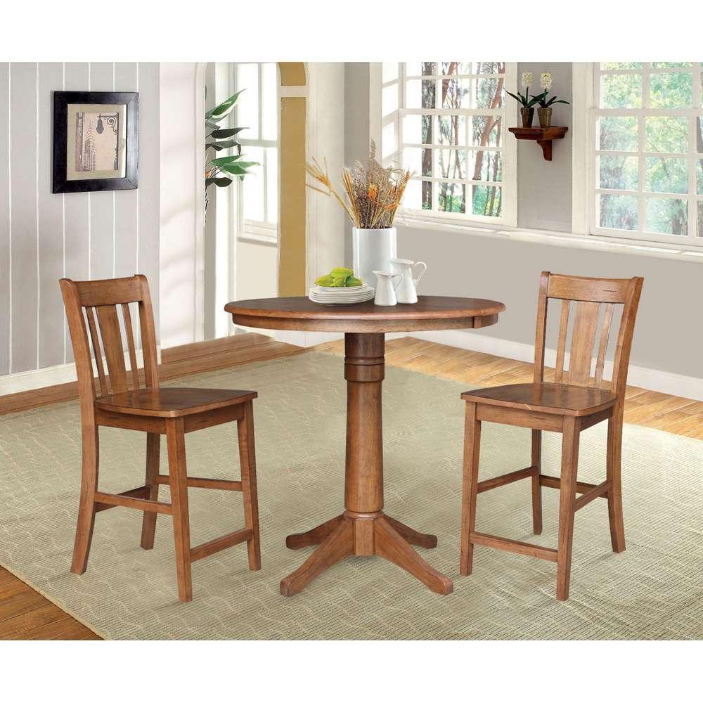 International Concepts (Set of 3 Pcs) - 36in Round Extension Dining Table with 2 San Remo Counter Height Stools in Distressed Oak Finish - K42-36RXT-27B-S102-2 veiw 2
