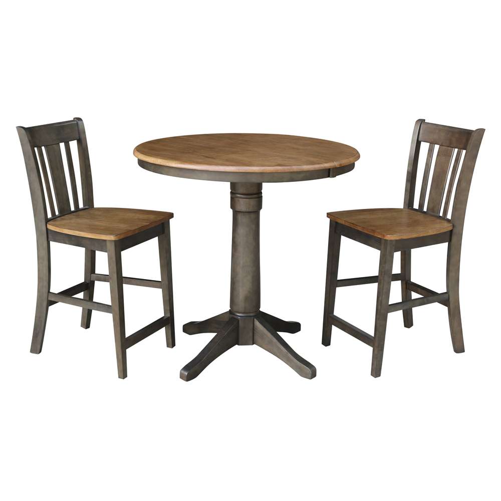 International Concepts (Set of 3 Pcs) - 36in Round Extension Dining Table with 2 San Remo Counter Height Stools in Hickory/Washed Coal Finish - K45-36RXT-27B-S102-2 veiw 1