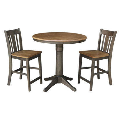 International Concepts (Set of 3 Pcs) - 36in Round Extension Dining Table with 2 San Remo Counter Height Stools in Hickory/Washed Coal Finish - K45-36RXT-27B-S102-2 veiw 1