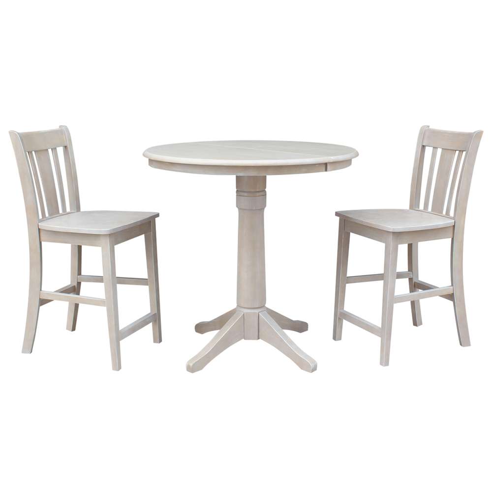International Concepts (Set of 3 Pcs) - 36in Round Extension Dining Table with 2 San Remo Counter Height Stools in Washed Gray Taupe Finish - K09-36RXT-27B-S102-2 veiw 1