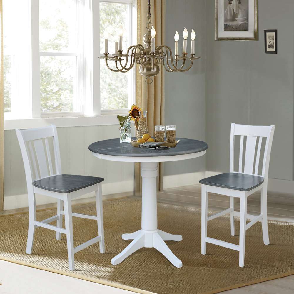 International Concepts (Set of 3 Pcs) - 36in Round Extension Dining Table with 2 San Remo Counter Height Stools in White/Heather Gray Finish - K05-36RXT-27B-S102-2 veiw 2