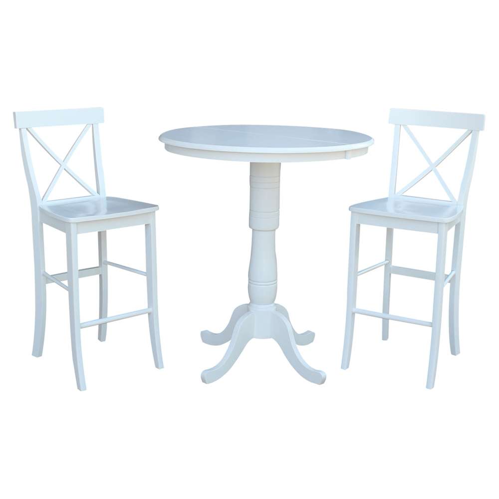 International Concepts (Set of 3 Pcs) - 36in Round Extension Dining Table with 2 X-Back Bar Height Stools in White Finish - K08-36RXT-S6133 veiw 1