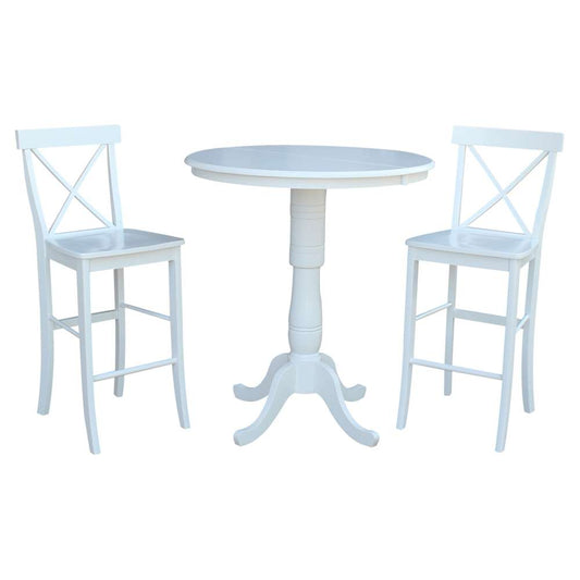 International Concepts (Set of 3 Pcs) - 36in Round Extension Dining Table with 2 X-Back Bar Height Stools in White Finish - K08-36RXT-S6133 veiw 1