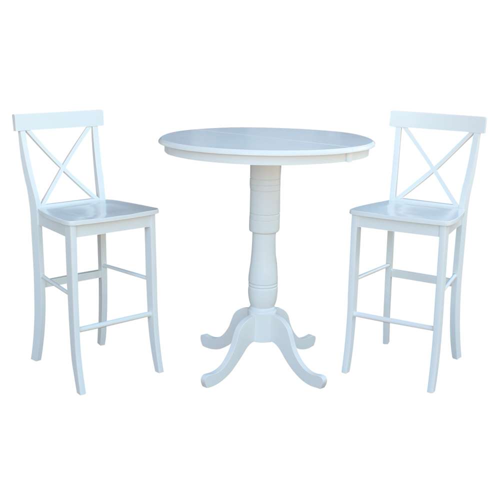 International Concepts (Set of 3 Pcs) - 36in Round Extension Dining Table with 2 X-Back Bar Height Stools in White Finish - K08-36RXT-S6133 veiw 2
