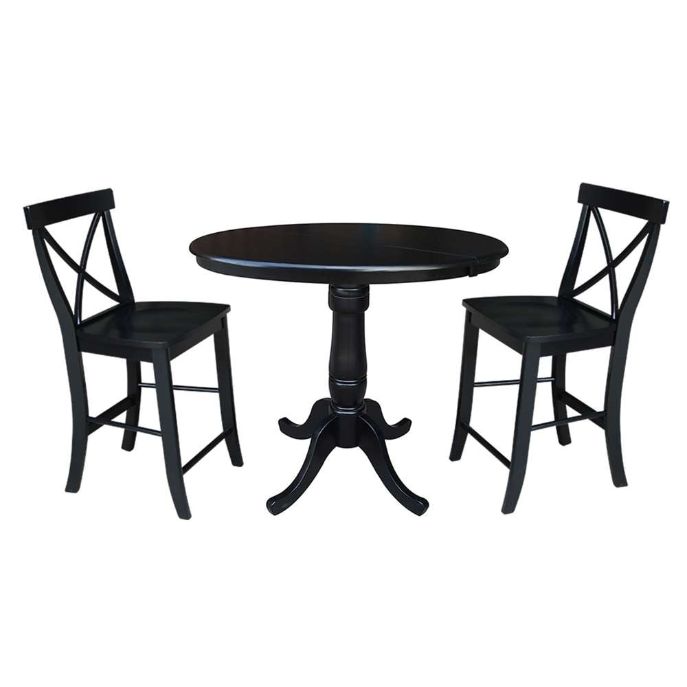 International Concepts (Set of 3 Pcs) - 36in Round Extension Dining Table with 2 X-Back Counter Height Stools in Black Finish - K46-36RXT-S6132-2 veiw 1