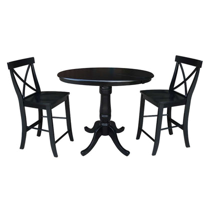 International Concepts (Set of 3 Pcs) - 36in Round Extension Dining Table with 2 X-Back Counter Height Stools in Black Finish - K46-36RXT-S6132-2 veiw 1