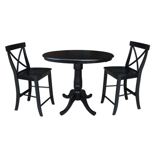 International Concepts (Set of 3 Pcs) - 36in Round Extension Dining Table with 2 X-Back Counter Height Stools in Black Finish - K46-36RXT-S6132-2 veiw 1