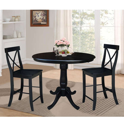 International Concepts (Set of 3 Pcs) - 36in Round Extension Dining Table with 2 X-Back Counter Height Stools in Black Finish - K46-36RXT-S6132-2 veiw 2