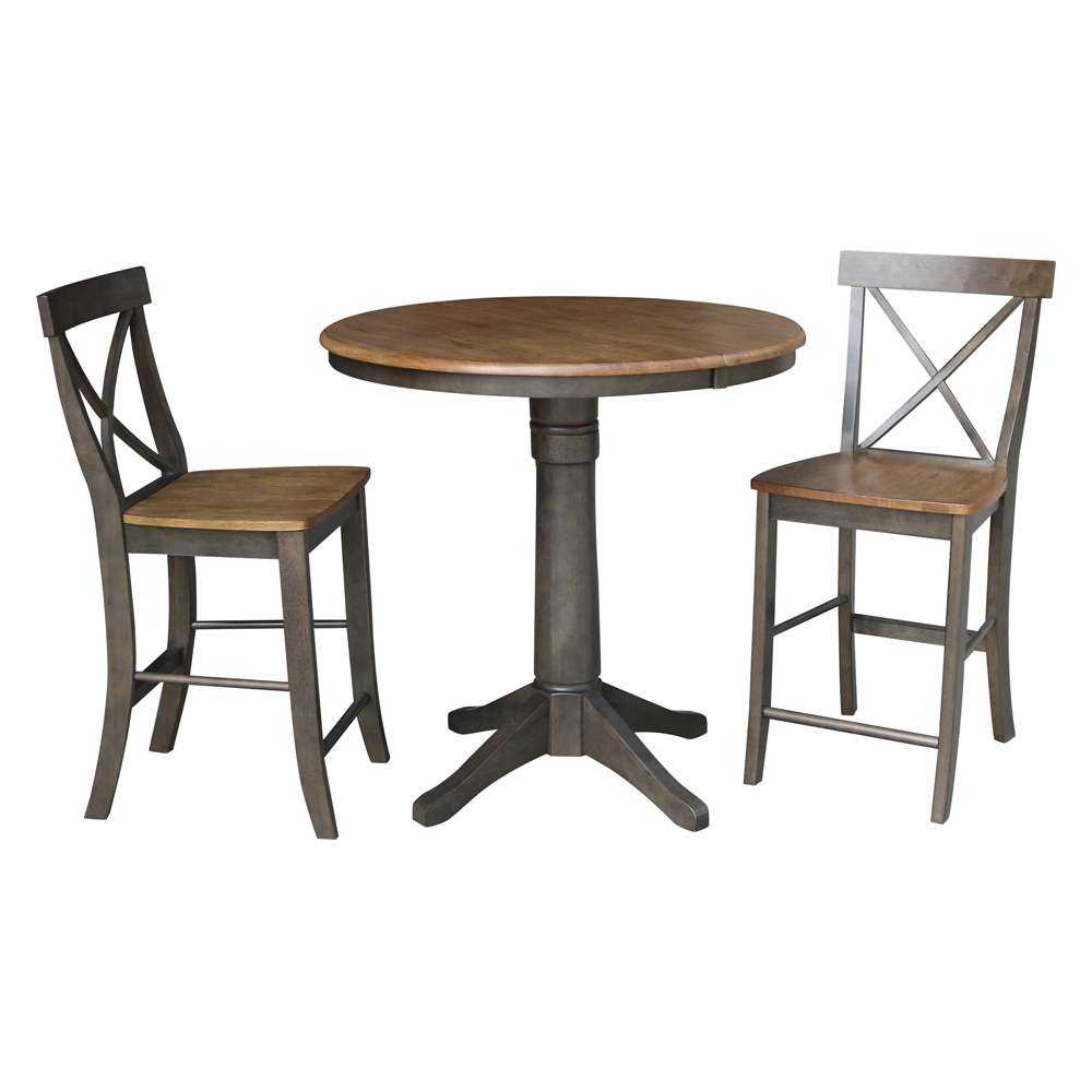 International Concepts (Set of 3 Pcs) - 36in Round Extension Dining Table with 2 X-Back Counter Height Stools in Hickory/Washed Coal Finish - K45-36RXT-27-S6132-2 veiw 1