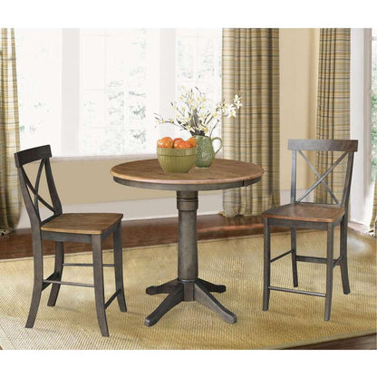 International Concepts (Set of 3 Pcs) - 36in Round Extension Dining Table with 2 X-Back Counter Height Stools in Hickory/Washed Coal Finish - K45-36RXT-27-S6132-2 veiw 2