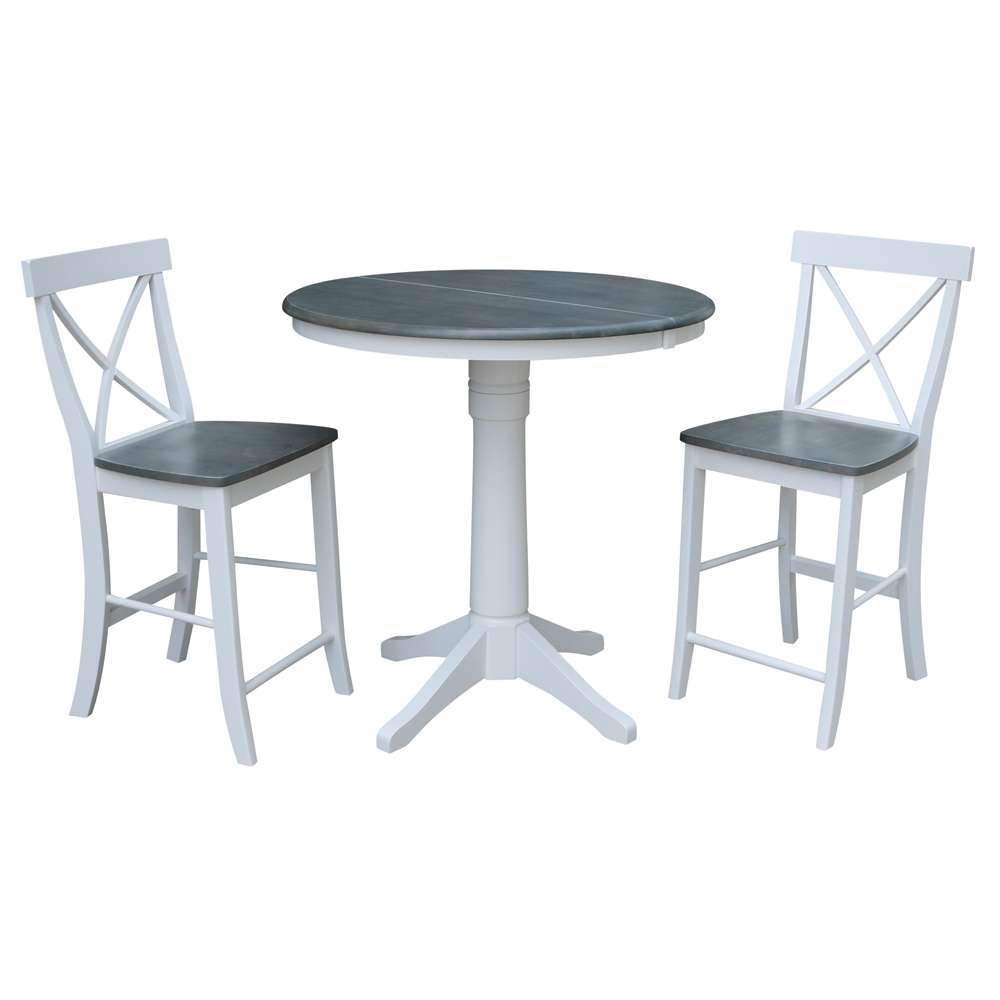 International Concepts (Set of 3 Pcs) - 36in Round Extension Dining Table with 2 X-Back Counter Height Stools in White/Heather Gray Finish - K05-36RXT-27B-S6132-2 veiw 1