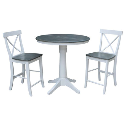 International Concepts (Set of 3 Pcs) - 36in Round Extension Dining Table with 2 X-Back Counter Height Stools in White/Heather Gray Finish - K05-36RXT-27B-S6132-2 veiw 1