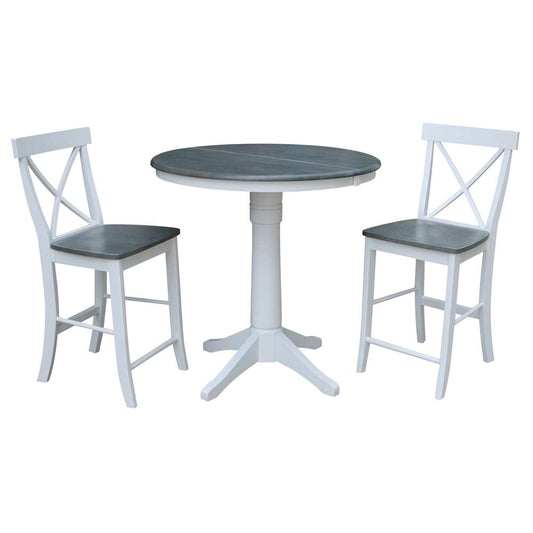 International Concepts (Set of 3 Pcs) - 36in Round Extension Dining Table with 2 X-Back Counter Height Stools in White/Heather Gray Finish - K05-36RXT-27B-S6132-2 veiw 1