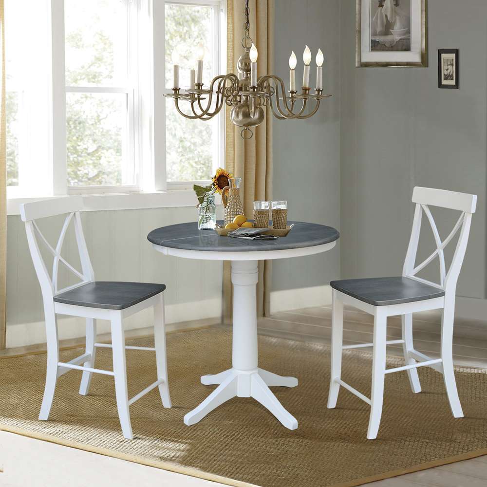 International Concepts (Set of 3 Pcs) - 36in Round Extension Dining Table with 2 X-Back Counter Height Stools in White/Heather Gray Finish - K05-36RXT-27B-S6132-2 veiw 4