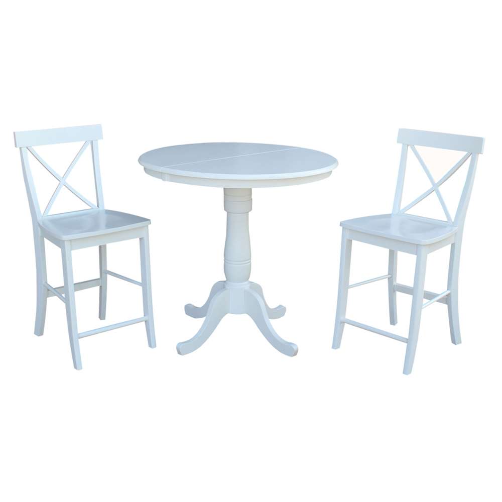 International Concepts (Set of 3 Pcs) - 36in Round Extension Dining Table with 2 X-Back Counter Height Stools in White Finish - K08-36RXT-S6132 veiw 1