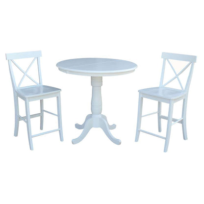 International Concepts (Set of 3 Pcs) - 36in Round Extension Dining Table with 2 X-Back Counter Height Stools in White Finish - K08-36RXT-S6132 veiw 1