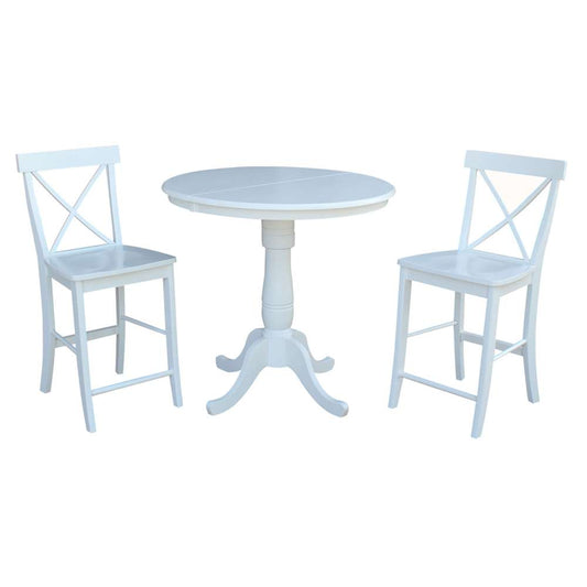 International Concepts (Set of 3 Pcs) - 36in Round Extension Dining Table with 2 X-Back Counter Height Stools in White Finish - K08-36RXT-S6132 veiw 1