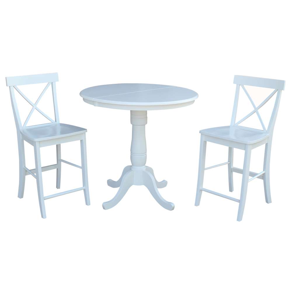 International Concepts (Set of 3 Pcs) - 36in Round Extension Dining Table with 2 X-Back Counter Height Stools in White Finish - K08-36RXT-S6132 veiw 2