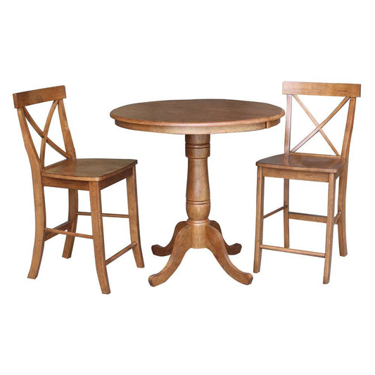 International Concepts (Set of 3 Pcs) - 36in Round Extension Dining Table with 2 RTA Counter Height Stools in Distressed Oak Finish - K42-36RXT-6B-S6132-2 veiw 1
