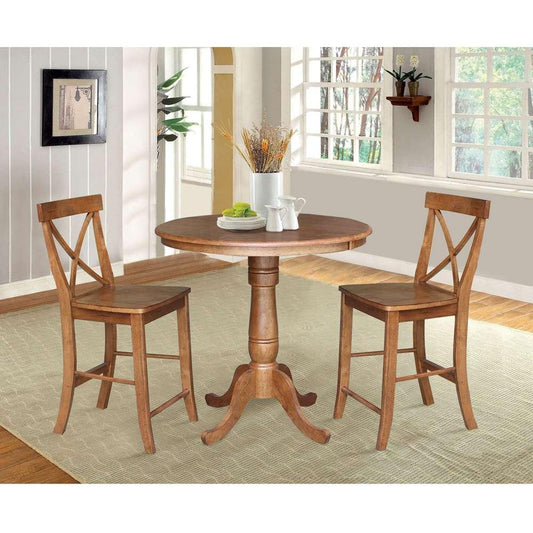 International Concepts (Set of 3 Pcs) - 36in Round Extension Dining Table with 2 RTA Counter Height Stools in Distressed Oak Finish - K42-36RXT-6B-S6132-2 veiw 2