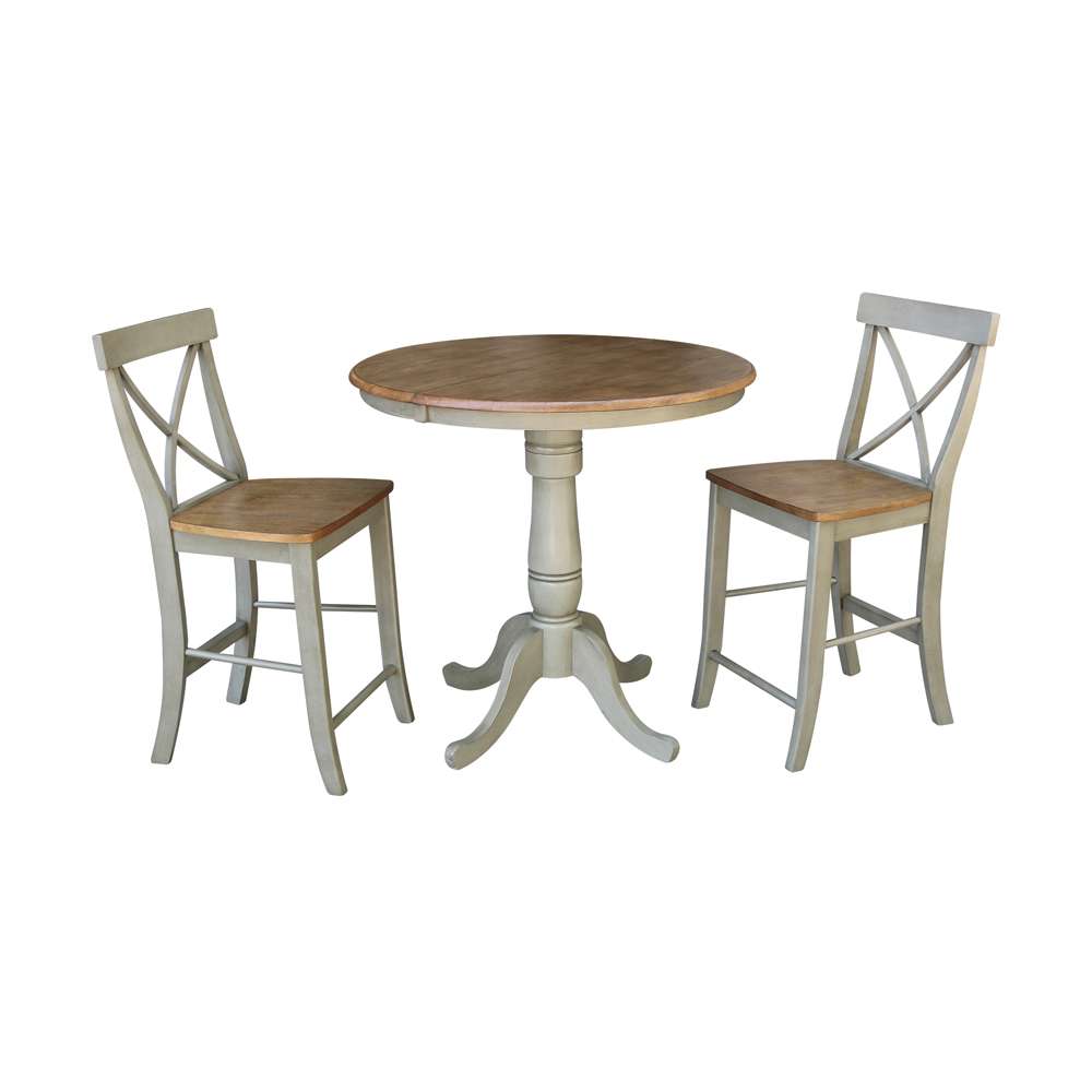 International Concepts (Set of 3 Pcs) - 36in Round Extension Dining Table with 2 RTA Counter Height Stools in Hickory/Stone Finish - K41-36RXT-6B-S6132-2 veiw 1