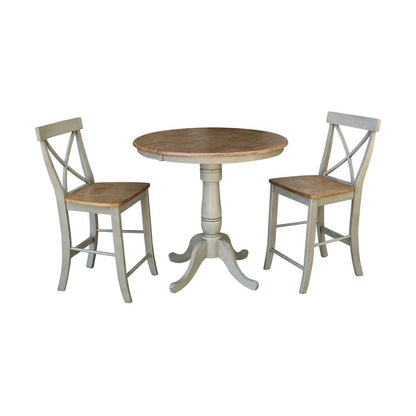 International Concepts (Set of 3 Pcs) - 36in Round Extension Dining Table with 2 RTA Counter Height Stools in Hickory/Stone Finish - K41-36RXT-6B-S6132-2 veiw 1