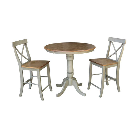 International Concepts (Set of 3 Pcs) - 36in Round Extension Dining Table with 2 RTA Counter Height Stools in Hickory/Stone Finish - K41-36RXT-6B-S6132-2 veiw 1