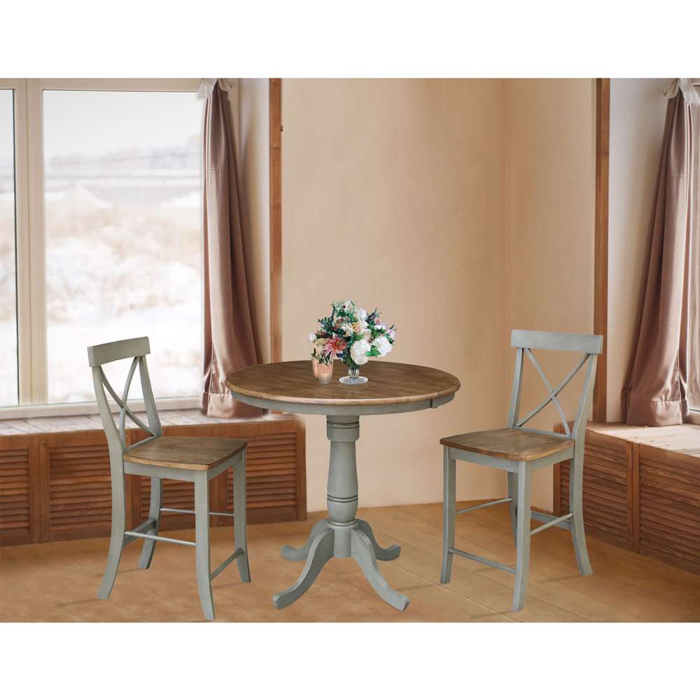 International Concepts (Set of 3 Pcs) - 36in Round Extension Dining Table with 2 RTA Counter Height Stools in Hickory/Stone Finish - K41-36RXT-6B-S6132-2 veiw 2