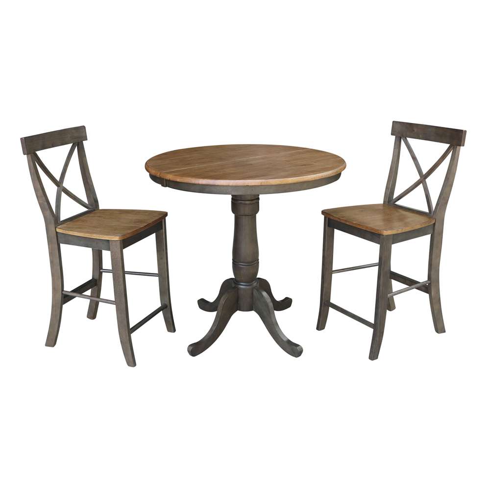 International Concepts (Set of 3 Pcs) - 36in Round Extension Dining Table with 2 RTA Counter Height Stools in Hickory/Washed Coal Finish - K45-36RXT-6B-S6132-2 veiw 1