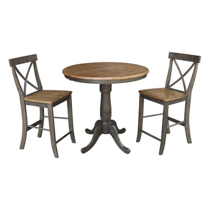 International Concepts (Set of 3 Pcs) - 36in Round Extension Dining Table with 2 RTA Counter Height Stools in Hickory/Washed Coal Finish - K45-36RXT-6B-S6132-2 veiw 1
