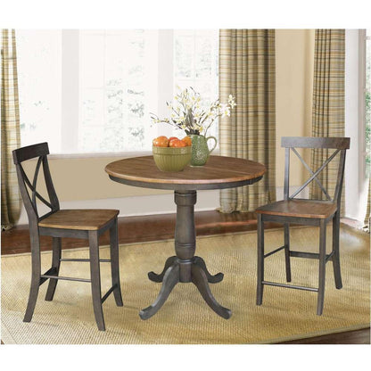 International Concepts (Set of 3 Pcs) - 36in Round Extension Dining Table with 2 RTA Counter Height Stools in Hickory/Washed Coal Finish - K45-36RXT-6B-S6132-2 veiw 2