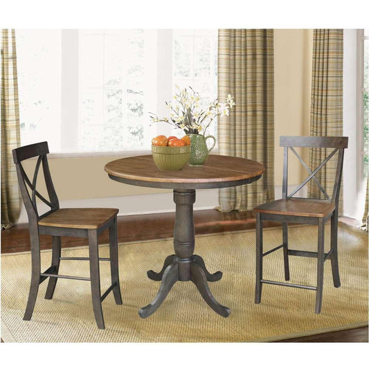 International Concepts (Set of 3 Pcs) - 36in Round Extension Dining Table with 2 RTA Counter Height Stools in Hickory/Washed Coal Finish - K45-36RXT-6B-S6132-2 veiw 2