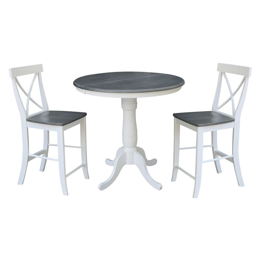 International Concepts (Set of 3 Pcs) - 36in Round Extension Dining Table with 2 RTA Counter Height Stools in White/Heather Gray Finish - K05-36RXT-6B-S6132-2 veiw 1