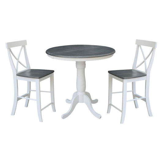 International Concepts (Set of 3 Pcs) - 36in Round Extension Dining Table with 2 RTA Counter Height Stools in White/Heather Gray Finish - K05-36RXT-6B-S6132-2 veiw 1