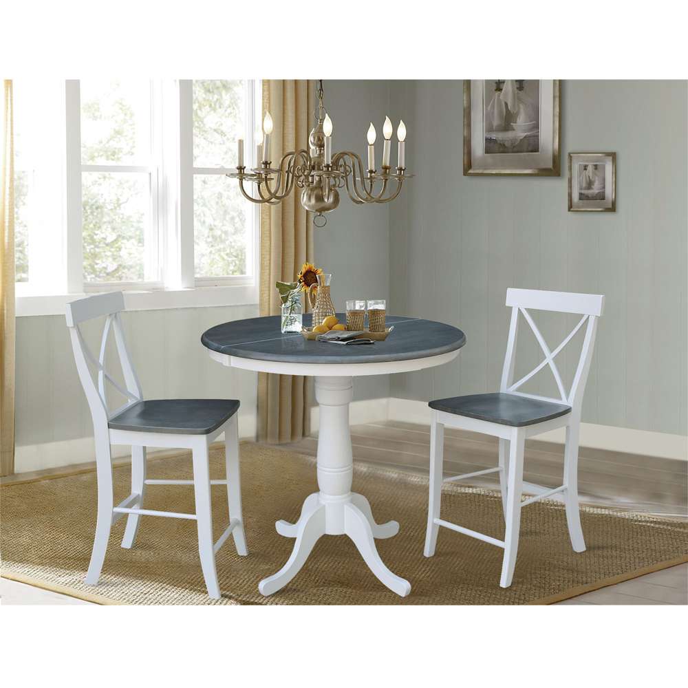 International Concepts (Set of 3 Pcs) - 36in Round Extension Dining Table with 2 RTA Counter Height Stools in White/Heather Gray Finish - K05-36RXT-6B-S6132-2 veiw 2