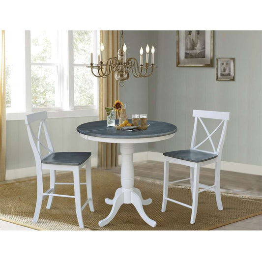 International Concepts (Set of 3 Pcs) - 36in Round Extension Dining Table with 2 RTA Counter Height Stools in White/Heather Gray Finish - K05-36RXT-6B-S6132-2 veiw 2