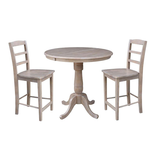 International Concepts (Set of 3 Pcs) - 36in Round Extension Dining Table with 2 Madrid Counter Height Stools in Washed Gray Taupe Finish - K09-36RXT-S402-2 veiw 1