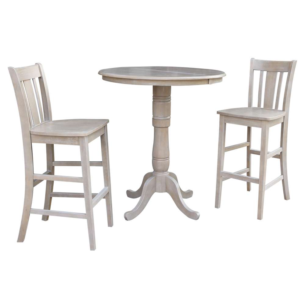 International Concepts (Set of 3 Pcs) - 36in Round Extension Dining Table with 2 San Remo Bar Height Stools in Washed Gray Taupe Finish - K09-36RXT-S103-2 veiw 1